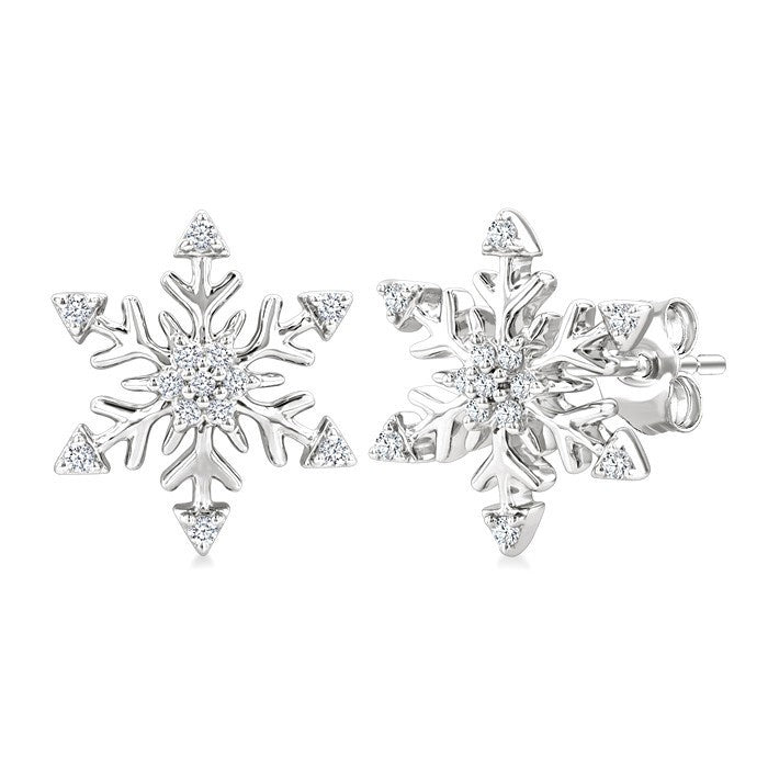 1/10 Ctw Petite Snowflake Round Cut Diamond Halo Fashion Stud Earrings in 10K White Gold