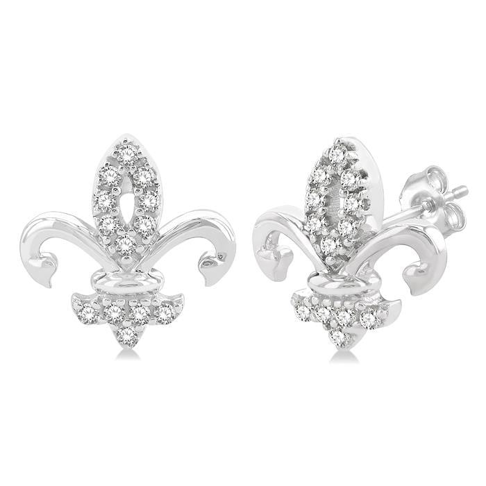 1/8 Ctw Petite Fleur De Lis Round Cut Diamond Fashion Stud Earrings in 10K White Gold