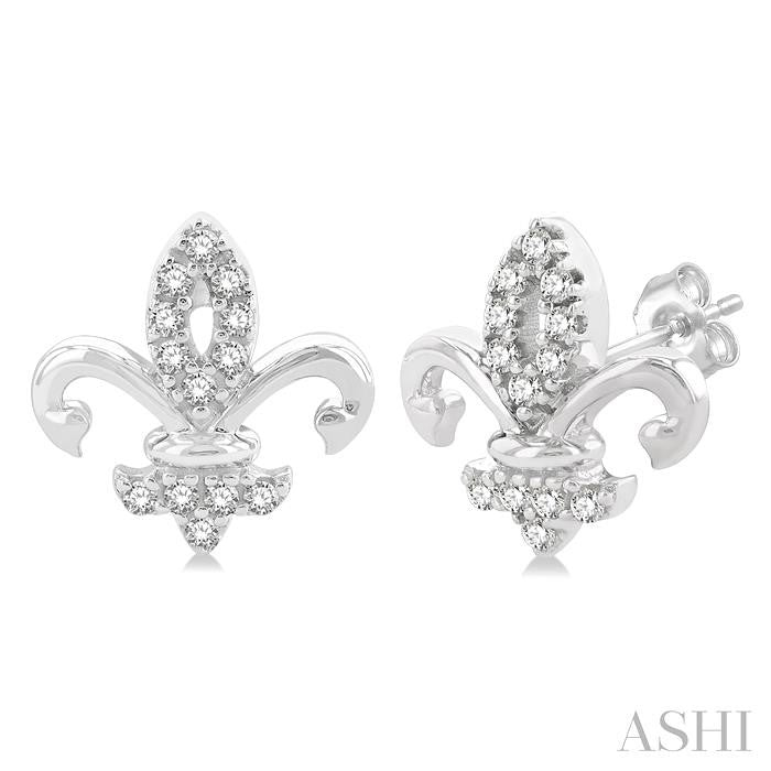 1/8 Ctw Petite Fleur De Lis Round Cut Diamond Fashion Stud Earrings in 10K White Gold