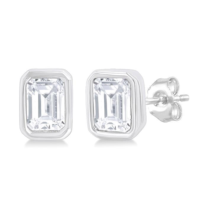 Emerald Shape Bezel Set Petite Diamond Fashion Earrings