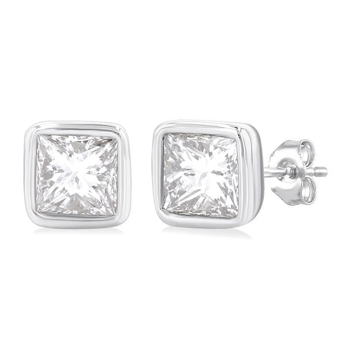 Princess Shape Bezel Set Petite Diamond Fashion Stud Earrings