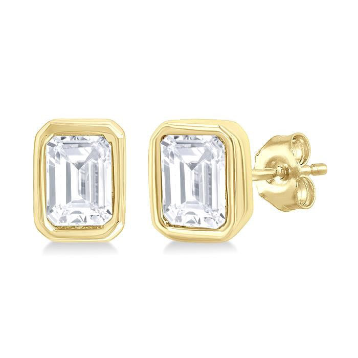 Emerald Shape Bezel Set Petite Diamond Fashion Earrings