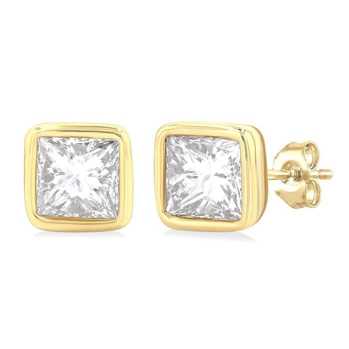 Princess Shape Bezel Set Petite Diamond Fashion Stud Earrings