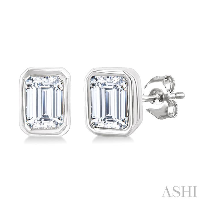 1/5 Ctw Petite Bezel Set Emerald Cut Diamond Fashion Stud Earrings in 10K White Gold