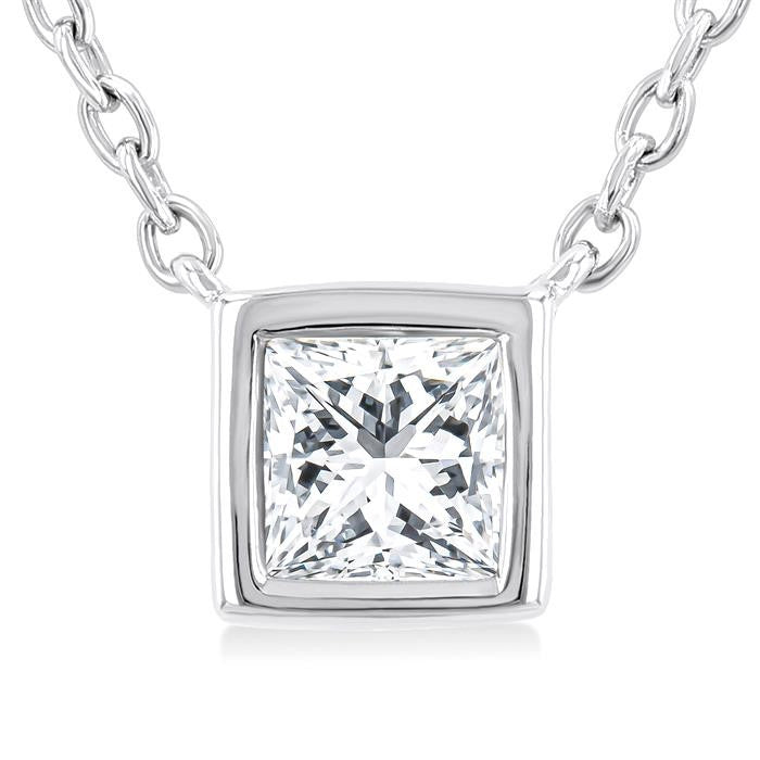 1/6 Ctw Petite Bezel Set Princess Cut Diamond Fashion Pendant With Chain in 10K White Gold
