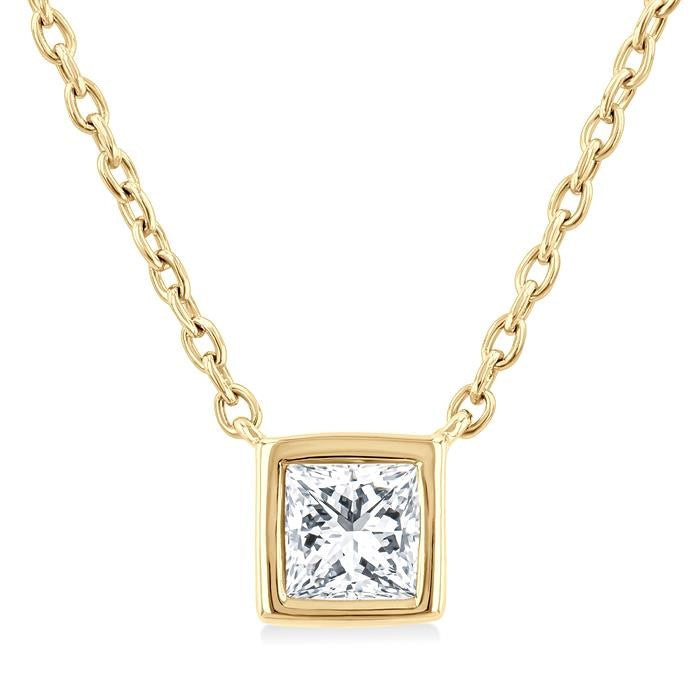 1/6 Ctw Petite Bezel Set Princess Cut Diamond Fashion Pendant With Chain in 10K Yellow Gold