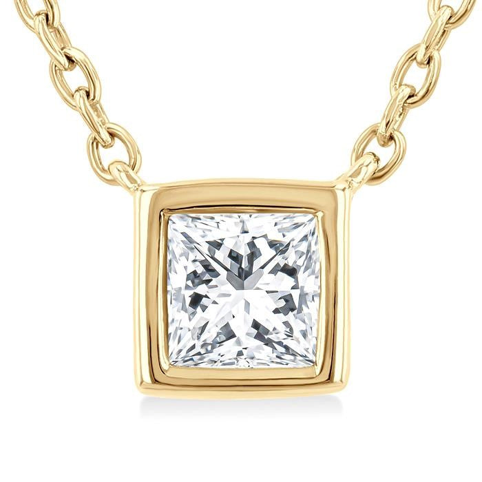 1/6 Ctw Petite Bezel Set Princess Cut Diamond Fashion Pendant With Chain in 10K Yellow Gold