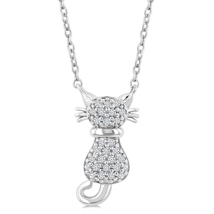 1/10 Ctw Cat Shape Petite Round Cut Diamond Fashion Pendant With Chain in 10K White Gold