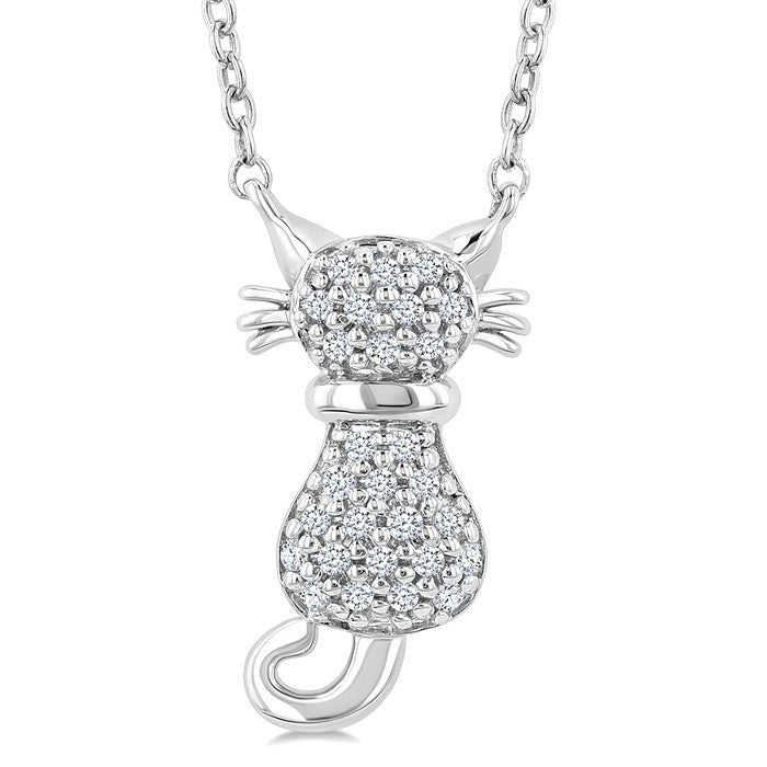 1/10 Ctw Cat Shape Petite Round Cut Diamond Fashion Pendant With Chain in 10K White Gold