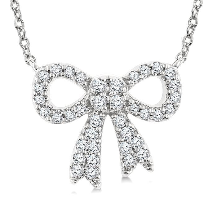 1/5 Ctw Bow Round Cut Diamond Petite Fashion Pendant With Chain in 10K White Gold