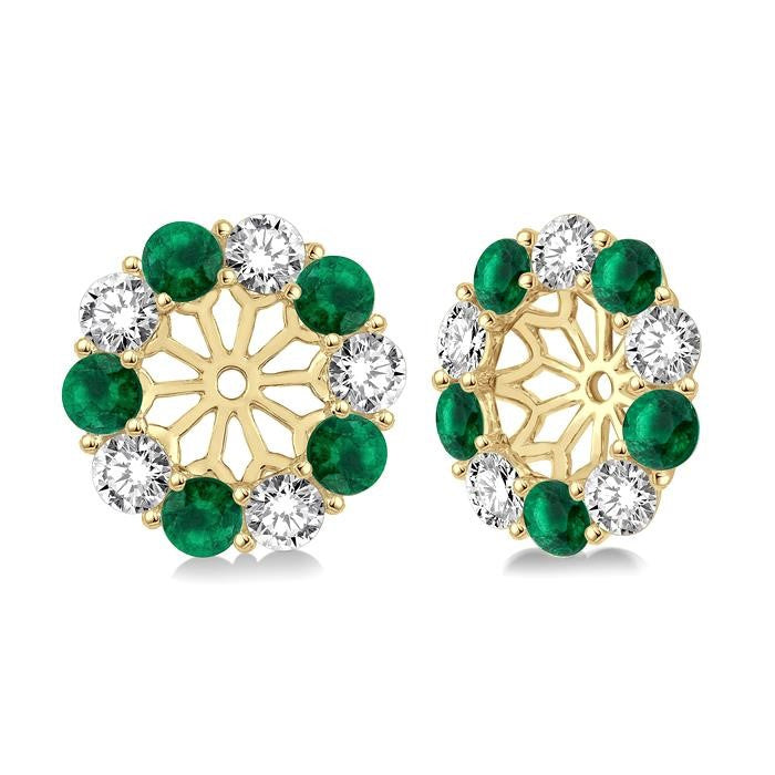2.9 MM Round Cut Emerald and 1 Ctw Round Cut Diamond Precious Earrings Jacket in 14K Yellow Gold