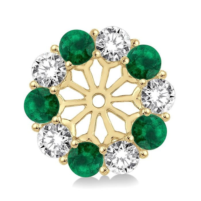 2.9 MM Round Cut Emerald and 1 Ctw Round Cut Diamond Precious Earrings Jacket in 14K Yellow Gold