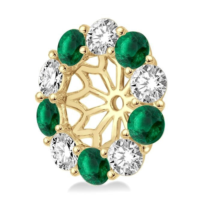 2.9 MM Round Cut Emerald and 1 Ctw Round Cut Diamond Precious Earrings Jacket in 14K Yellow Gold