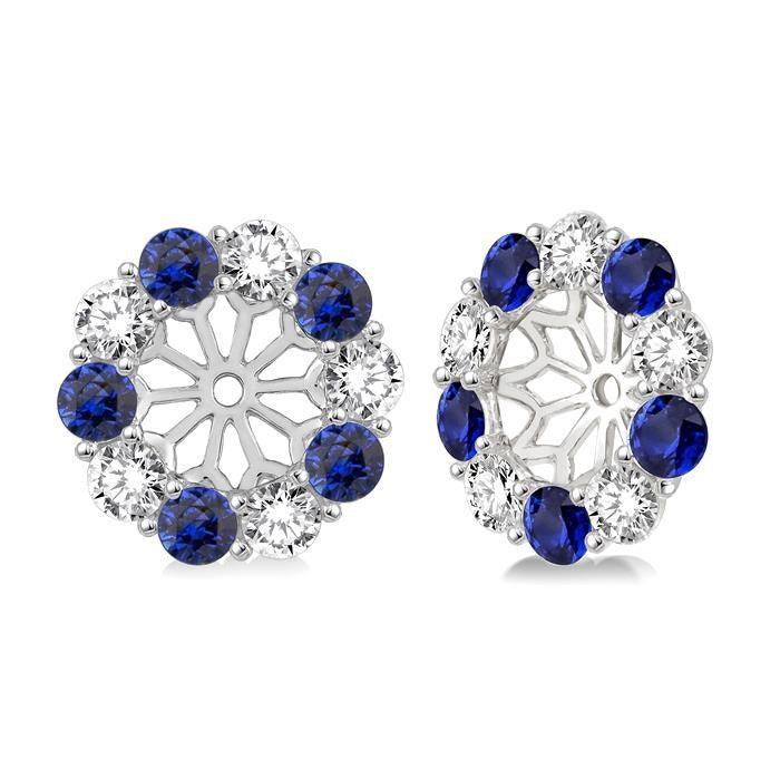2.9 MM Round Cut Sapphire and 1 Ctw Round Cut Diamond Precious Earrings Jacket in 14K White Gold