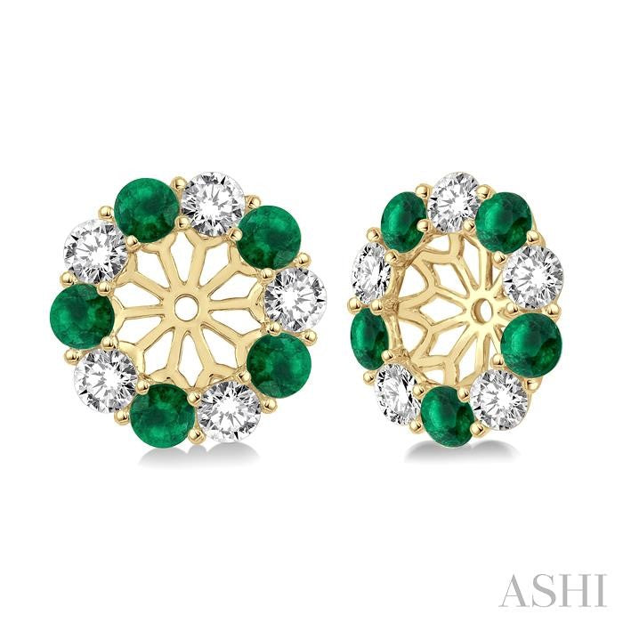 2.9 MM Round Cut Emerald and 1 Ctw Round Cut Diamond Precious Earrings Jacket in 14K Yellow Gold