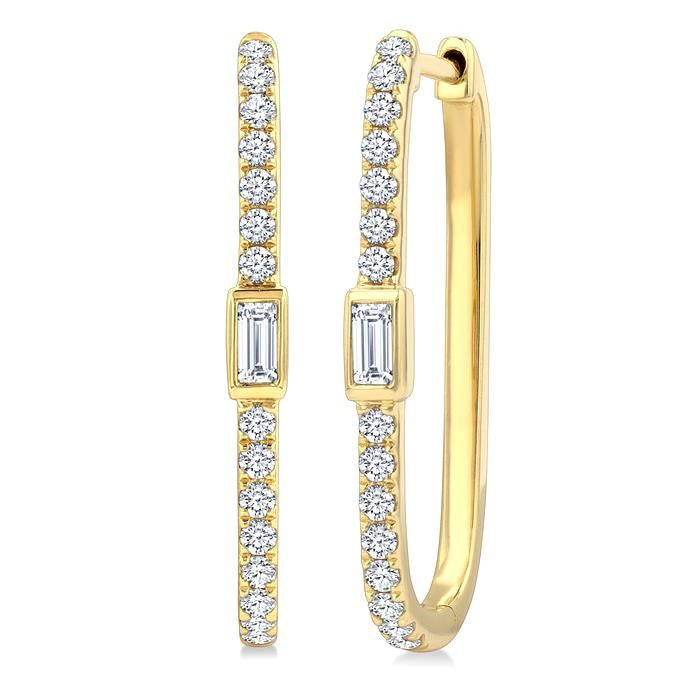 3/8 Ctw Rectangular Shape Baguette and Round Cut Diamond Fashion Hoop Earrings in 14K Yellow Gold