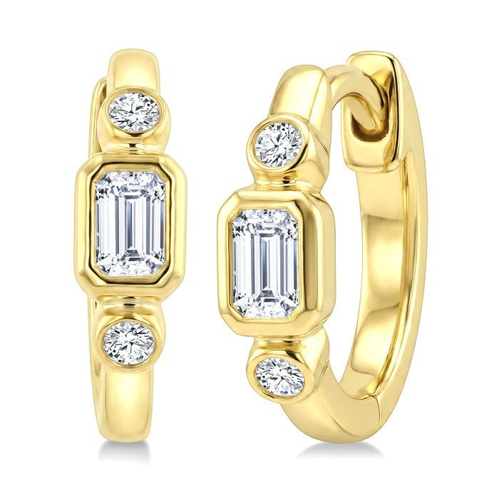 1/3 Ctw Bezel Set Octagon and Round Cut Diamond Petite Huggie Earrings in 14K Yellow Gold