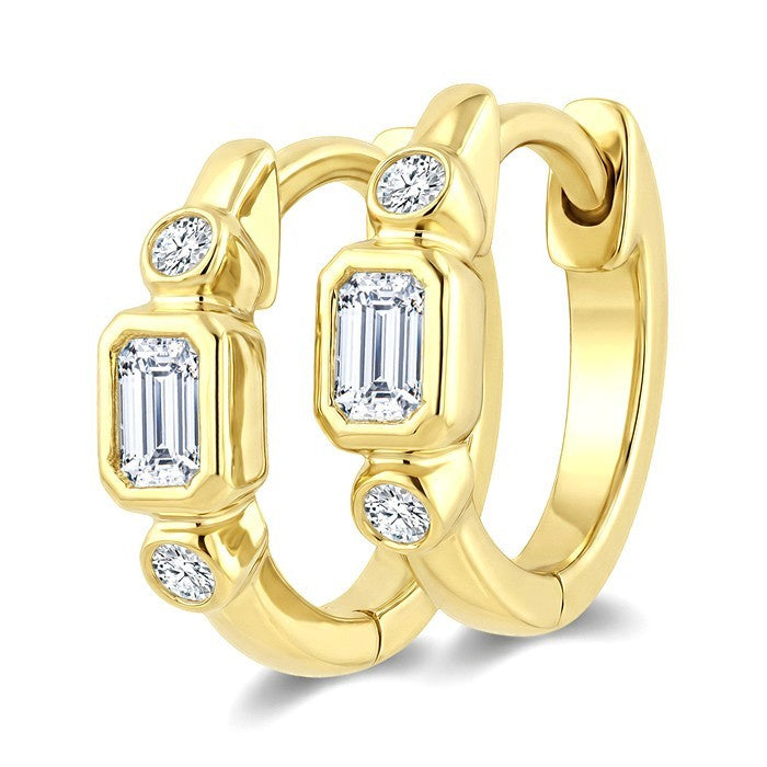 1/3 Ctw Bezel Set Octagon and Round Cut Diamond Petite Huggie Earrings in 14K Yellow Gold