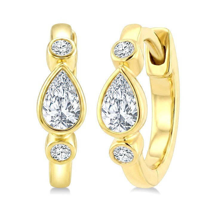 1/3 Ctw Bezel Set Pear and Round Cut Diamond Petite Huggie Earrings in 14K Yellow Gold