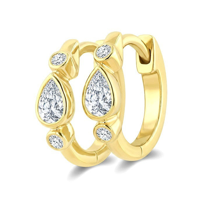 1/3 Ctw Bezel Set Pear and Round Cut Diamond Petite Huggie Earrings in 14K Yellow Gold