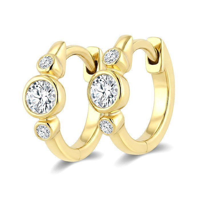 1/3 Ctw Bezel Set Round Cut Diamond Petite Huggie Earrings in 14K Yellow Gold