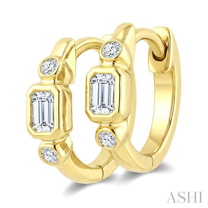1/3 Ctw Bezel Set Octagon and Round Cut Diamond Petite Huggie Earrings in 14K Yellow Gold