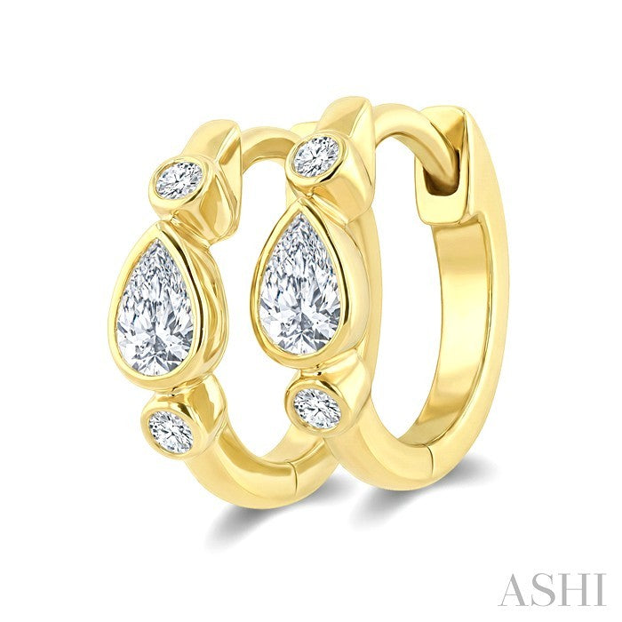 1/3 Ctw Bezel Set Pear and Round Cut Diamond Petite Huggie Earrings in 14K Yellow Gold