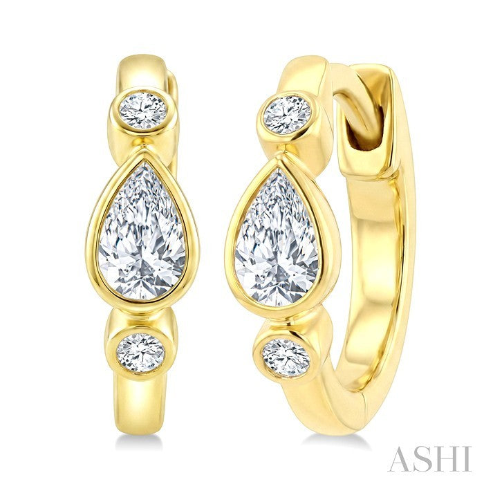 1/3 Ctw Bezel Set Pear and Round Cut Diamond Petite Huggie Earrings in 14K Yellow Gold