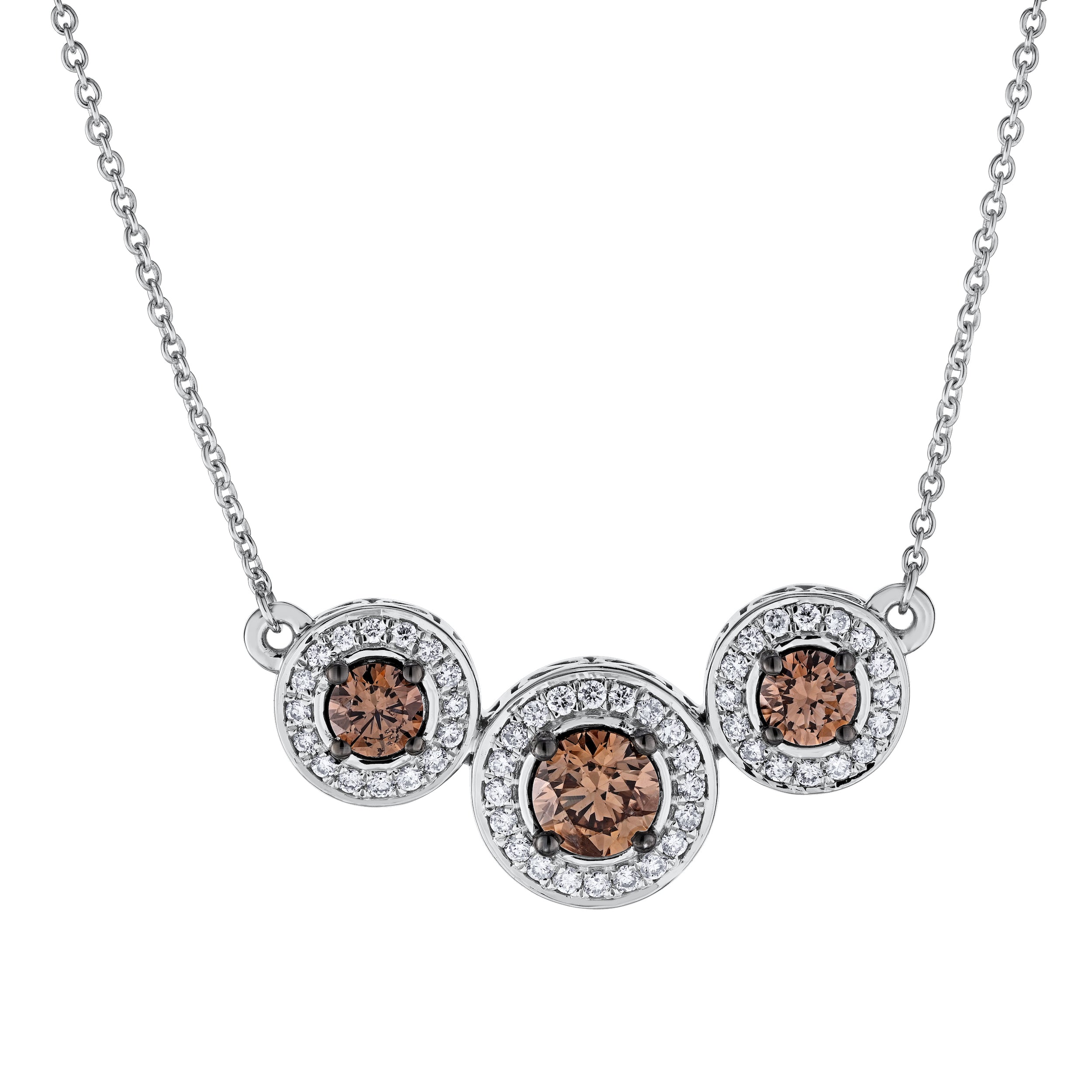 Diamond and Brown Three Stone Round Halo Pendant