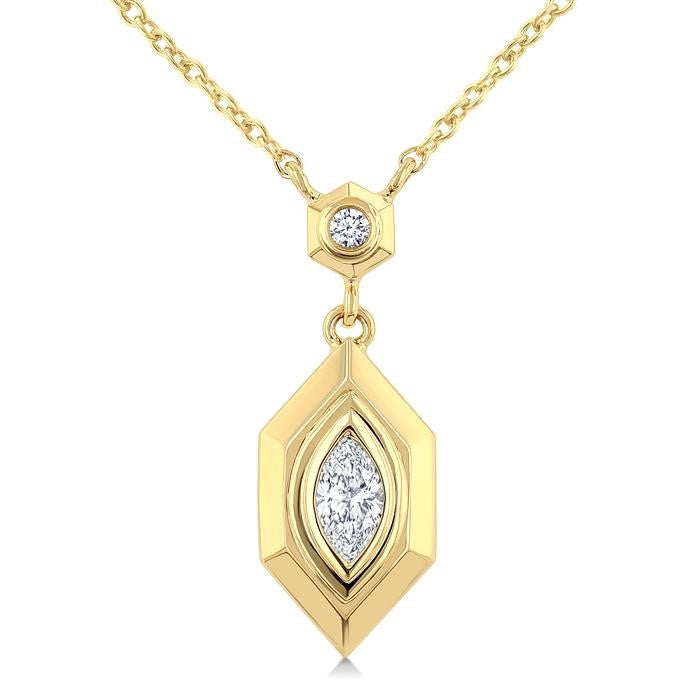 1/6 Ctw Hexagon Shaped Marquise and Round Cut Diamond Fashion Pendant With Chain in 14K Yellow Gold