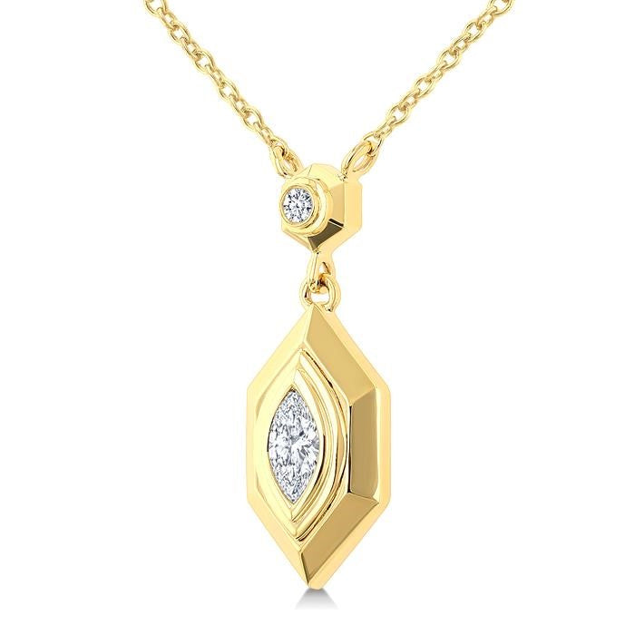 1/6 Ctw Hexagon Shaped Marquise and Round Cut Diamond Fashion Pendant With Chain in 14K Yellow Gold
