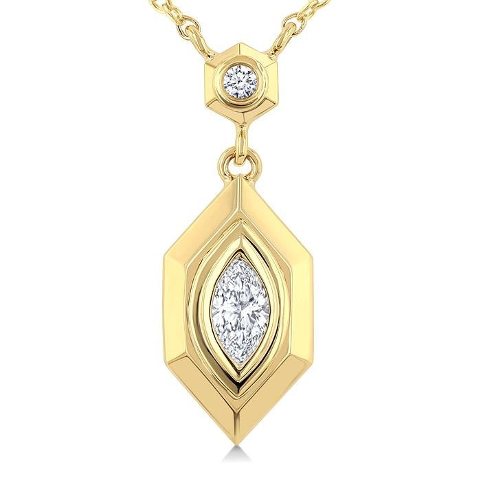 1/6 Ctw Hexagon Shaped Marquise and Round Cut Diamond Fashion Pendant With Chain in 14K Yellow Gold