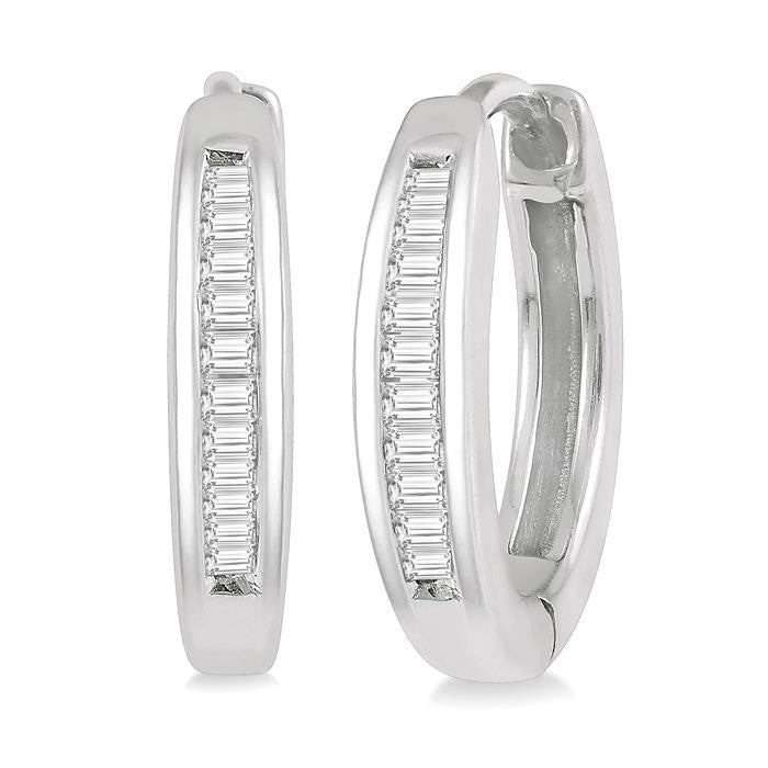 1/10 Ctw Inlay Petite Baguette Diamond Huggie Earrings in 10K White Gold