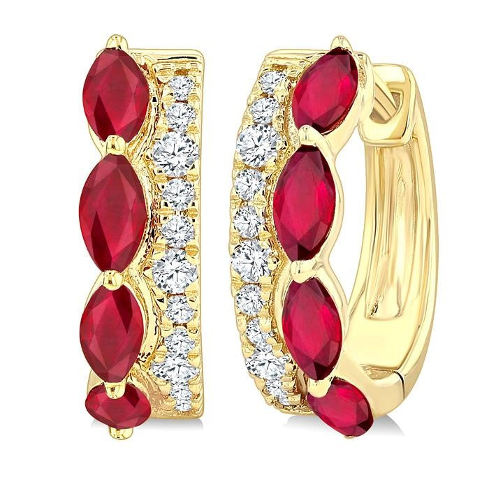 4X2 MM Marquise Shape Ruby and 1/6 Ctw Round Cut Diamond Precious Hoop Earrings in 10K Yellow Gold