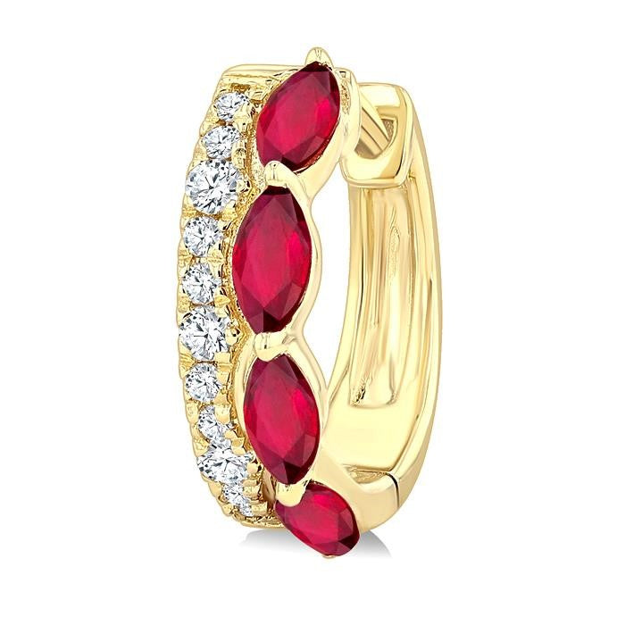 4X2 MM Marquise Shape Ruby and 1/6 Ctw Round Cut Diamond Precious Hoop Earrings in 10K Yellow Gold