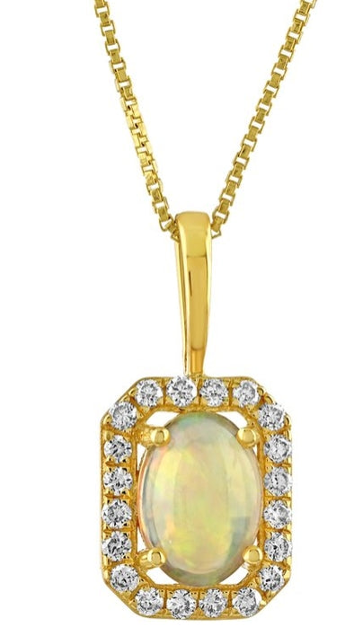 10K Yellow Gold Emerald Shape Halo Pendant Diamond and Opal 1.07 Ctw