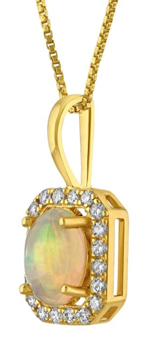 10K Yellow Gold Emerald Shape Halo Pendant Diamond and Opal 1.07 Ctw