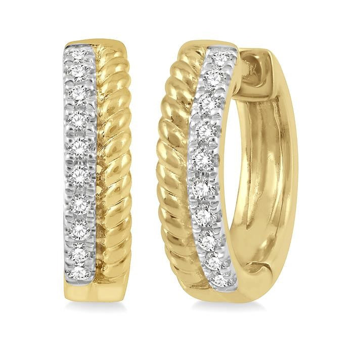 1/10 Ctw Rope Bead & Round Cut Diamond Huggie Petite Earrings in 14K Yellow Gold