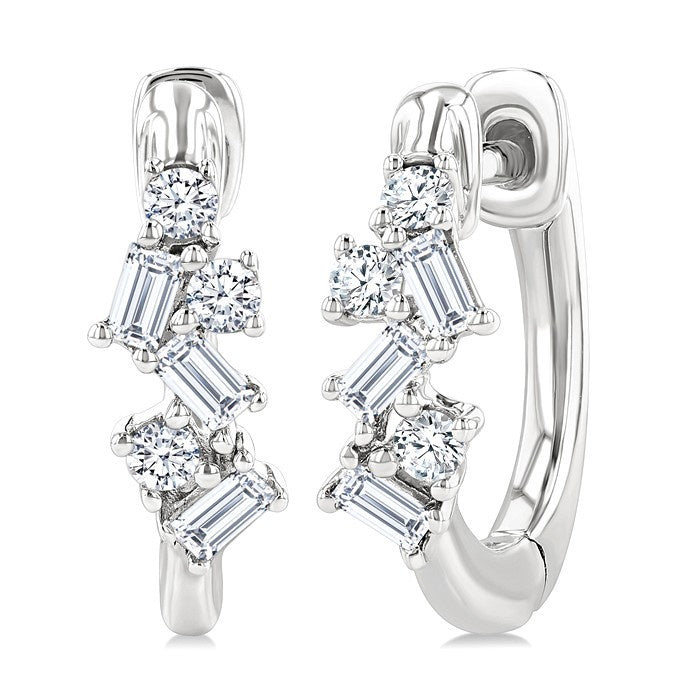 1/4 Ctw Petite Fusion Scatter Baguette and Round Cut Diamond Fashion Huggies in 14K White Gold