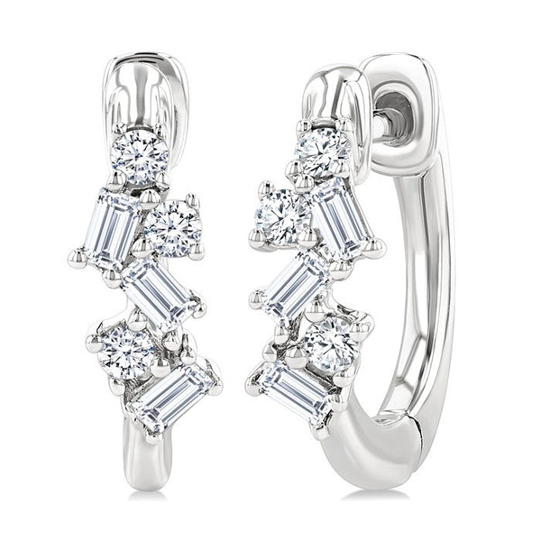 1/4 Ctw Petite Fusion Scatter Baguette and Round Cut Diamond Fashion Huggies in 14K White Gold