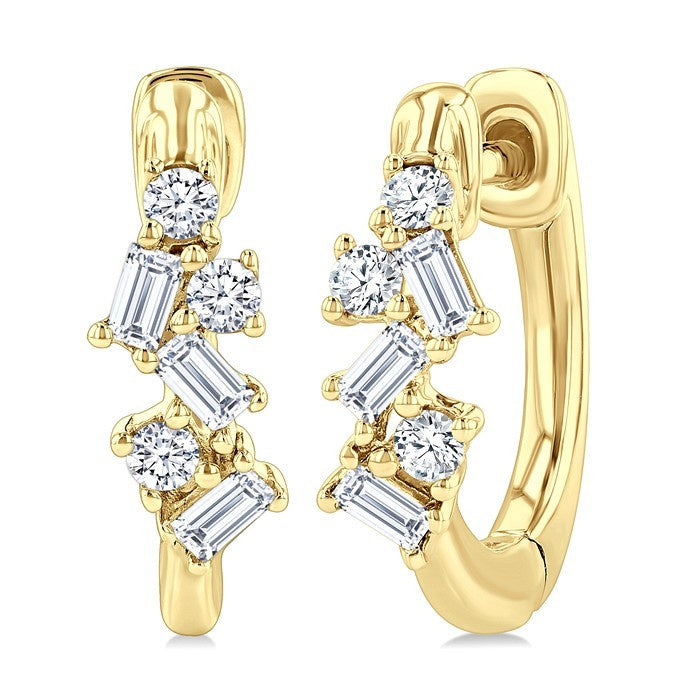 1/4 Ctw Petite Fusion Scatter Baguette and Round Cut Diamond Fashion Huggies in 14K Yellow Gold
