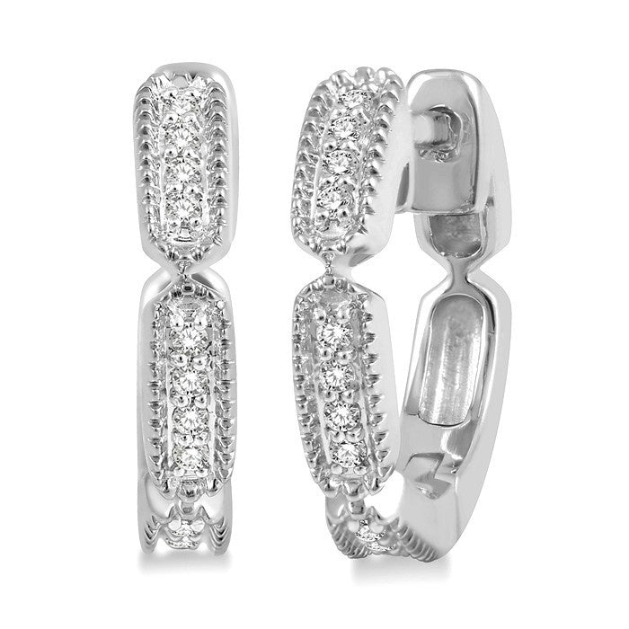 1/10 Ctw Lattice Long Hexagonal Pod Round Cut Diamond Huggie Petite Earrings in 10K White Gold