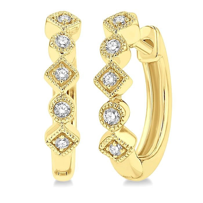 1/10 Ctw Circular & Rhombus Mount Round Cut Diamond Huggie Petite Earrings in 10K Yellow Gold