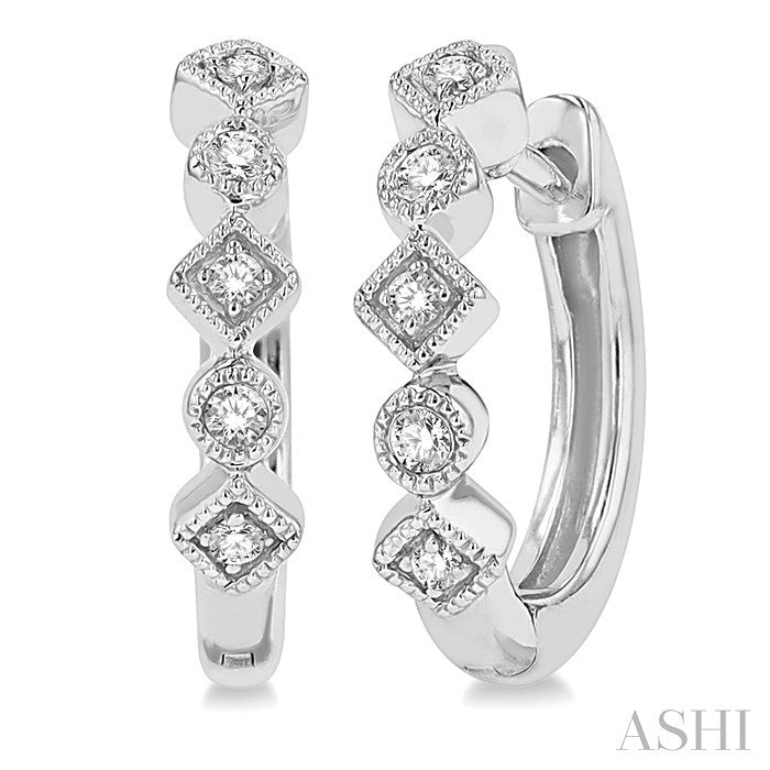 1/10 Ctw Circular & Rhombus Mount Round Cut Diamond Huggie Petite Earrings in 14K White Gold