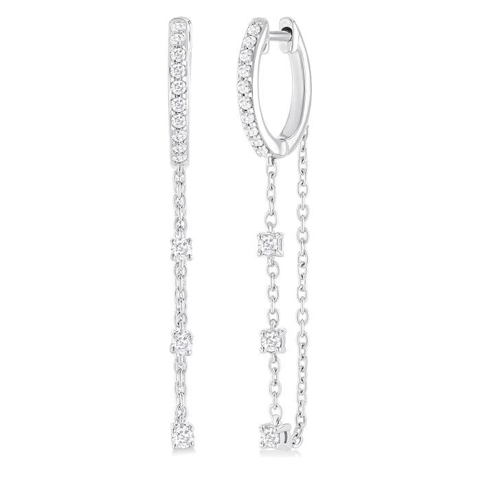 1/3 Ctw Round Cut Diamond Chain Dangler Hoop Earrings in 10K White Gold