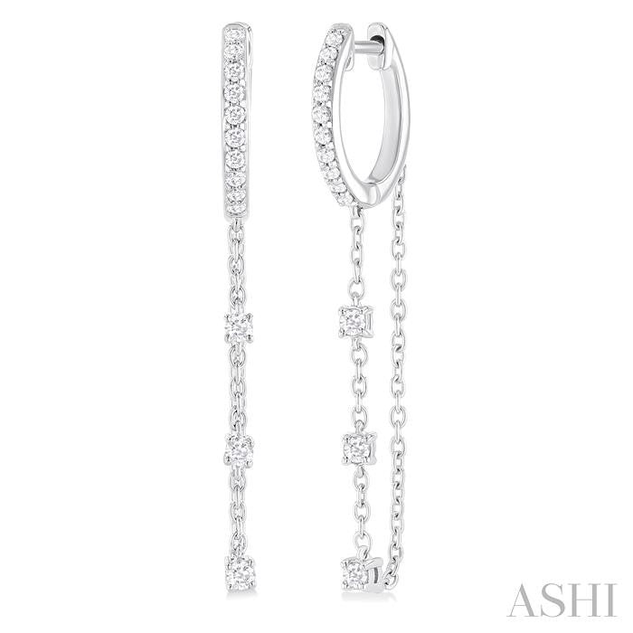 1/3 Ctw Round Cut Diamond Chain Dangler Hoop Earrings in 10K White Gold