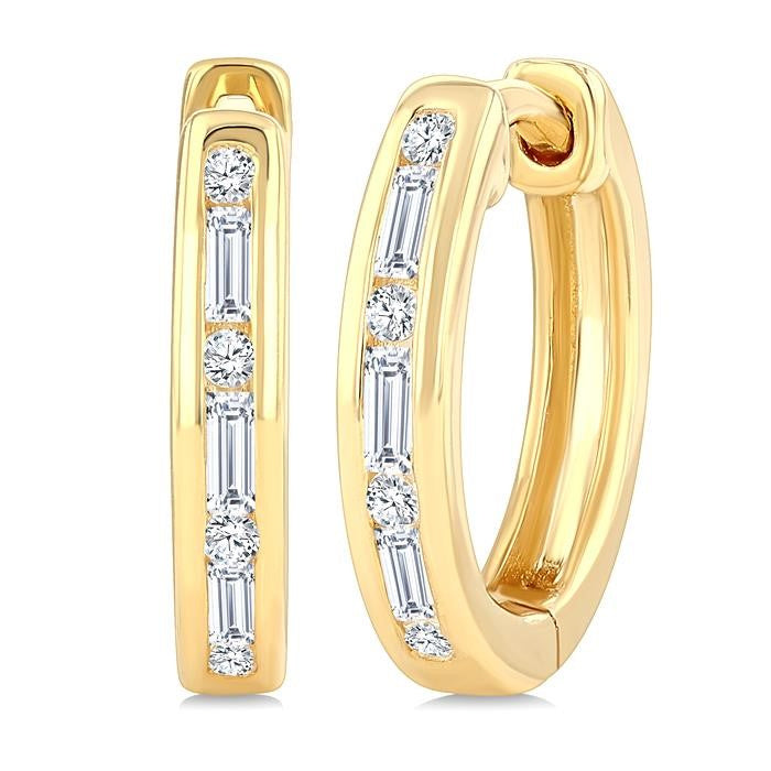 1/5 Ctw Baguette & Round Cut Diamond Channel Set Petite Huggie Earrings in 10K Yellow Gold