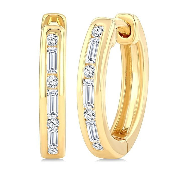 1/5 Ctw Baguette & Round Cut Diamond Channel Set Petite Huggie Earrings in 10K Yellow Gold
