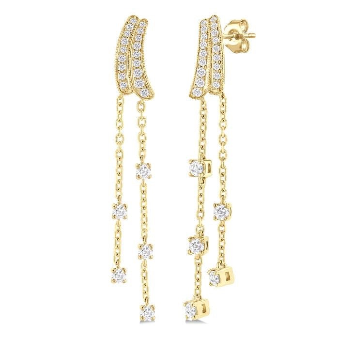 1/2 Ctw Curved Twin Pod Round Cut Diamond Chain Dangler Long Earrings in 10K Yellow Gold