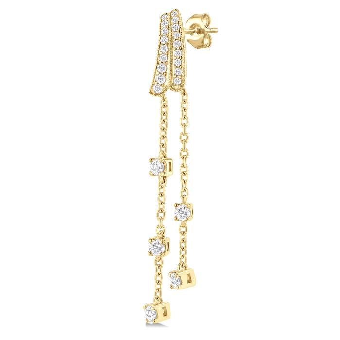 1/2 Ctw Curved Twin Pod Round Cut Diamond Chain Dangler Long Earrings in 10K Yellow Gold